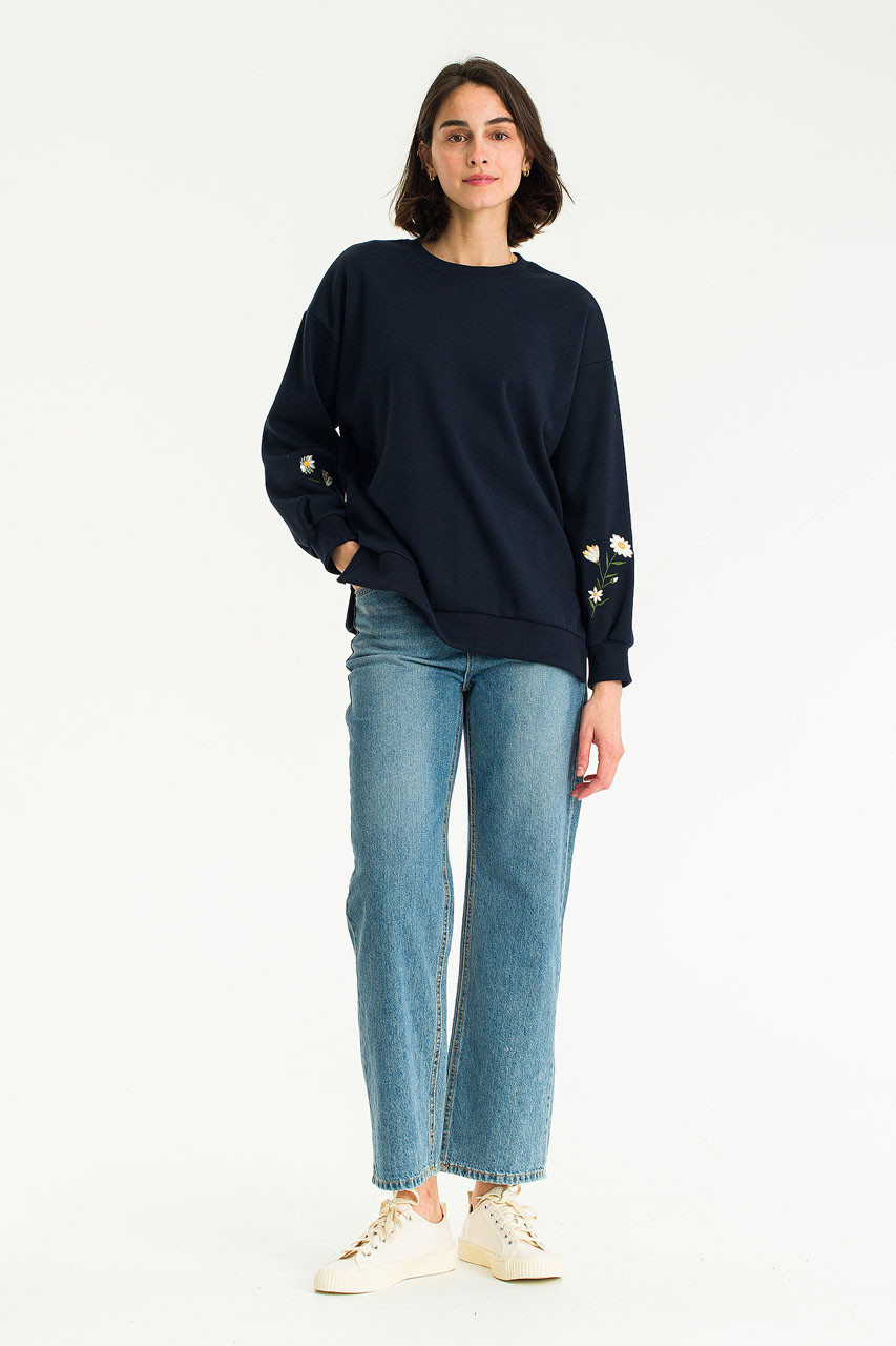 Flower Embroidered Sleeve Sweatshirt, Navy