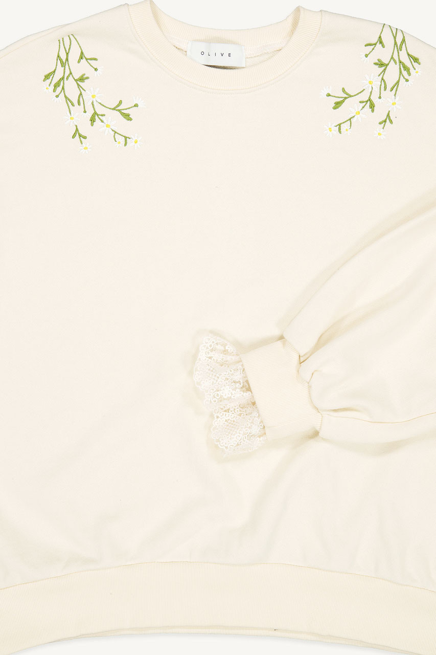 Daisy Embroidered Lace Sleeve Sweatshirt, Ivory