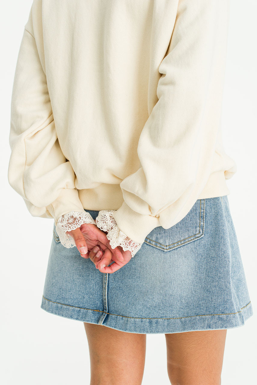 Daisy Embroidered Lace Sleeve Sweatshirt, Ivory