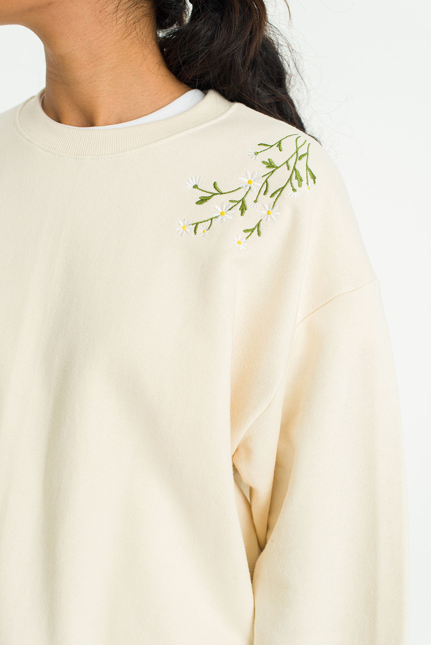 Daisy Embroidered Lace Sleeve Sweatshirt, Ivory