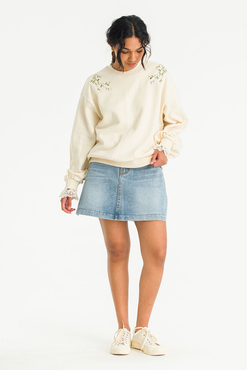 Daisy Embroidered Lace Sleeve Sweatshirt, Ivory