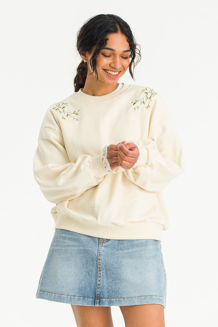 Daisy Embroidered Lace Sleeve Sweatshirt, Ivory