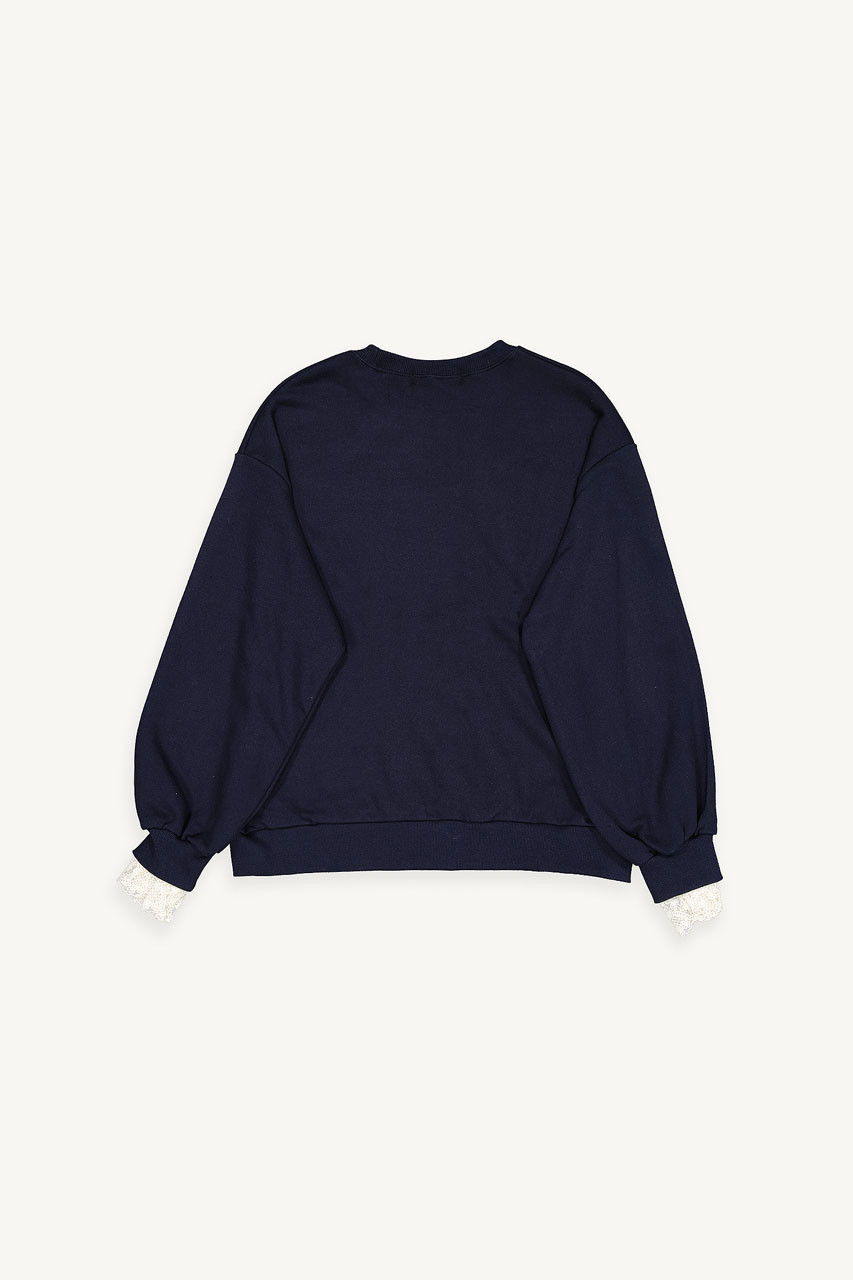 Daisy Embroidered Lace Sleeve Sweatshirt, Navy