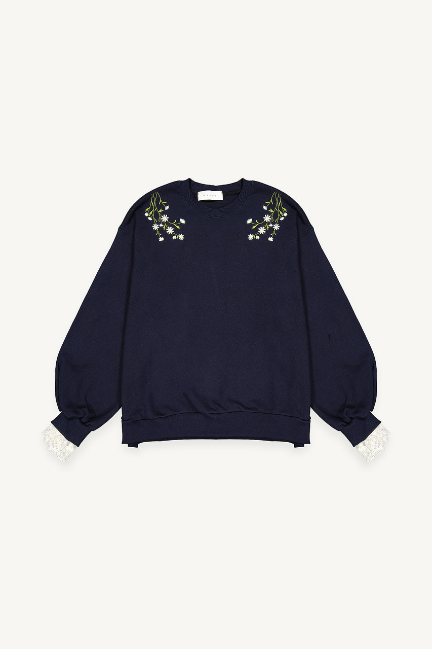 Daisy Embroidered Lace Sleeve Sweatshirt, Navy