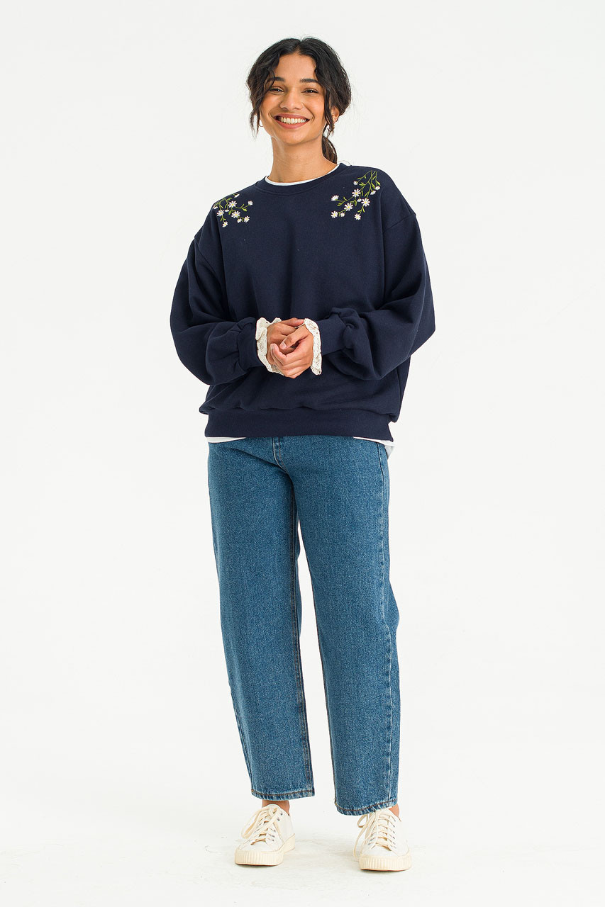 Daisy Embroidered Lace Sleeve Sweatshirt, Navy