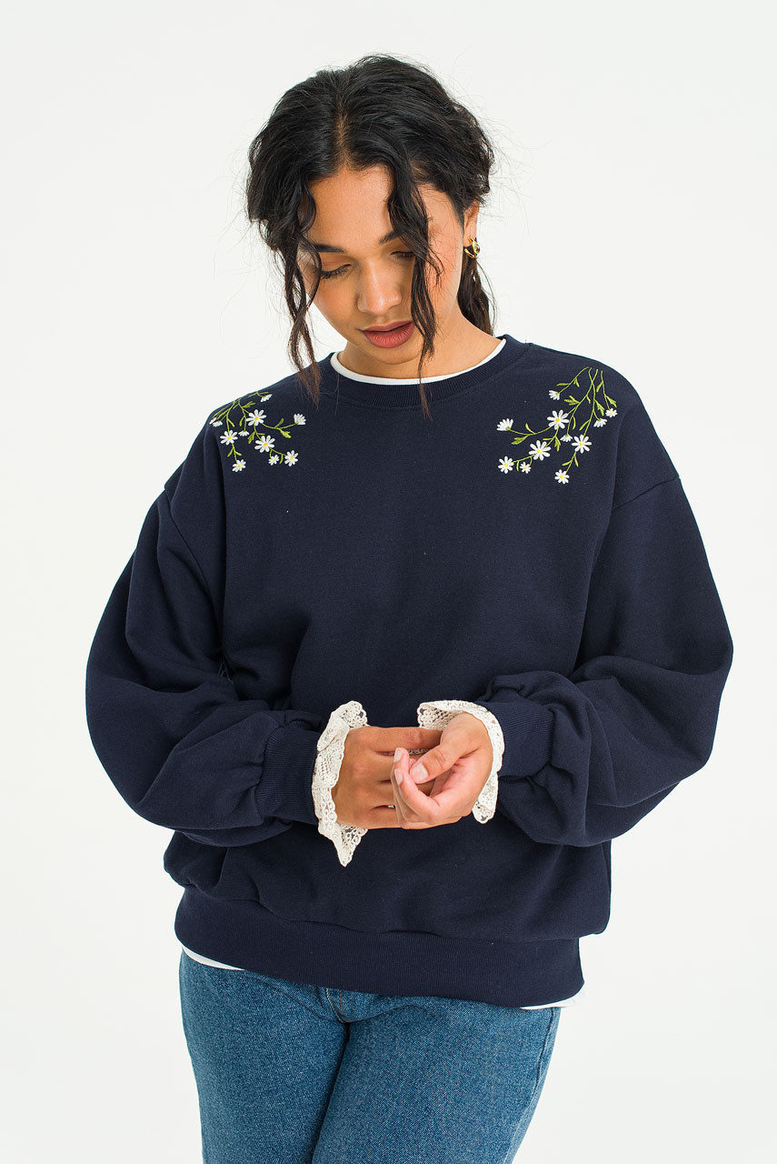 Daisy Embroidered Lace Sleeve Sweatshirt, Navy