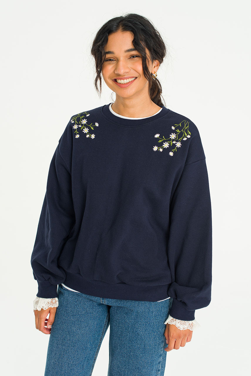 Daisy Embroidered Lace Sleeve Sweatshirt, Navy