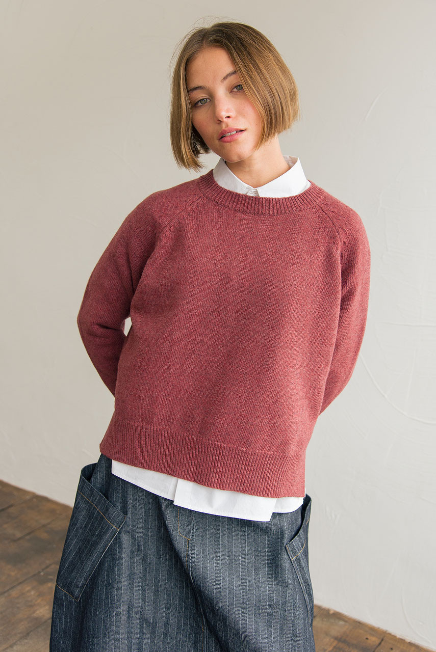 Unbalanced Crew Neck Knit, Wine Melange