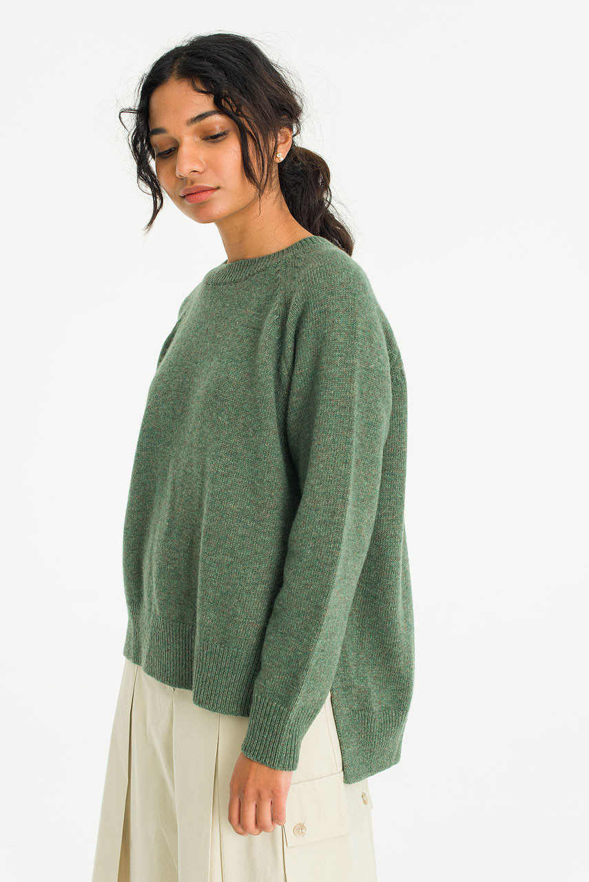 Unbalanced Crew Neck Knit, Khaki Melange