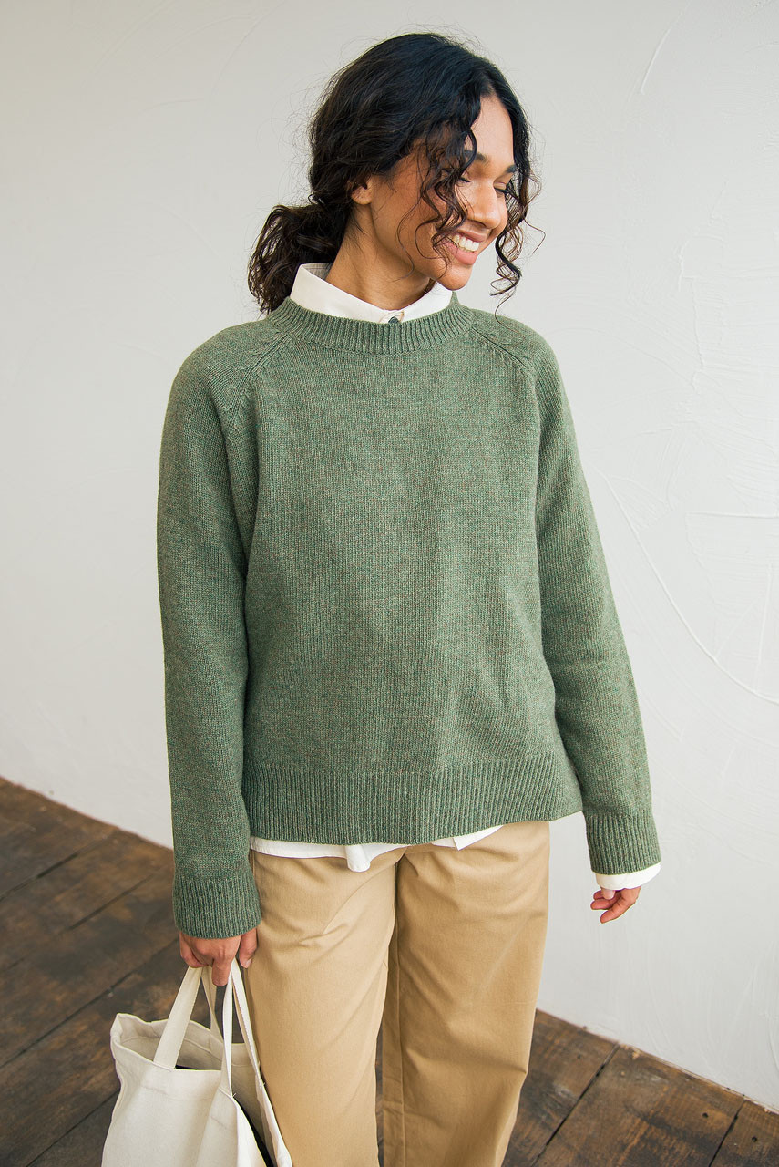 Unbalanced Crew Neck Knit, Khaki Melange