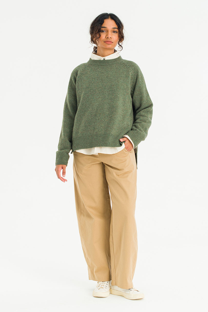 Unbalanced Crew Neck Knit, Khaki Melange