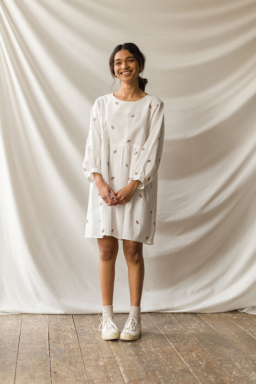 Wildflower Embroidered Cotton Dress, Ivory