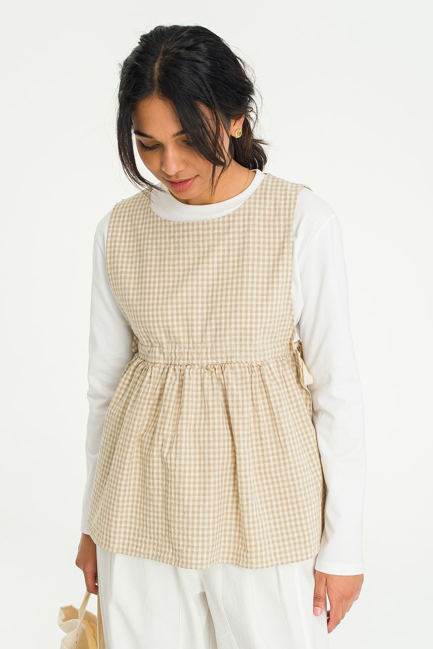 Faye Ribboned Vest, Beige Gingham