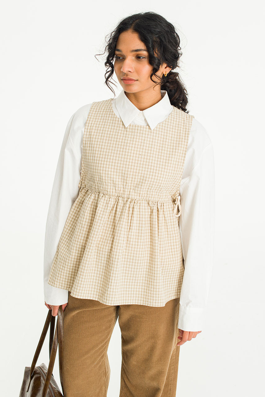 Faye Ribboned Vest, Beige Gingham