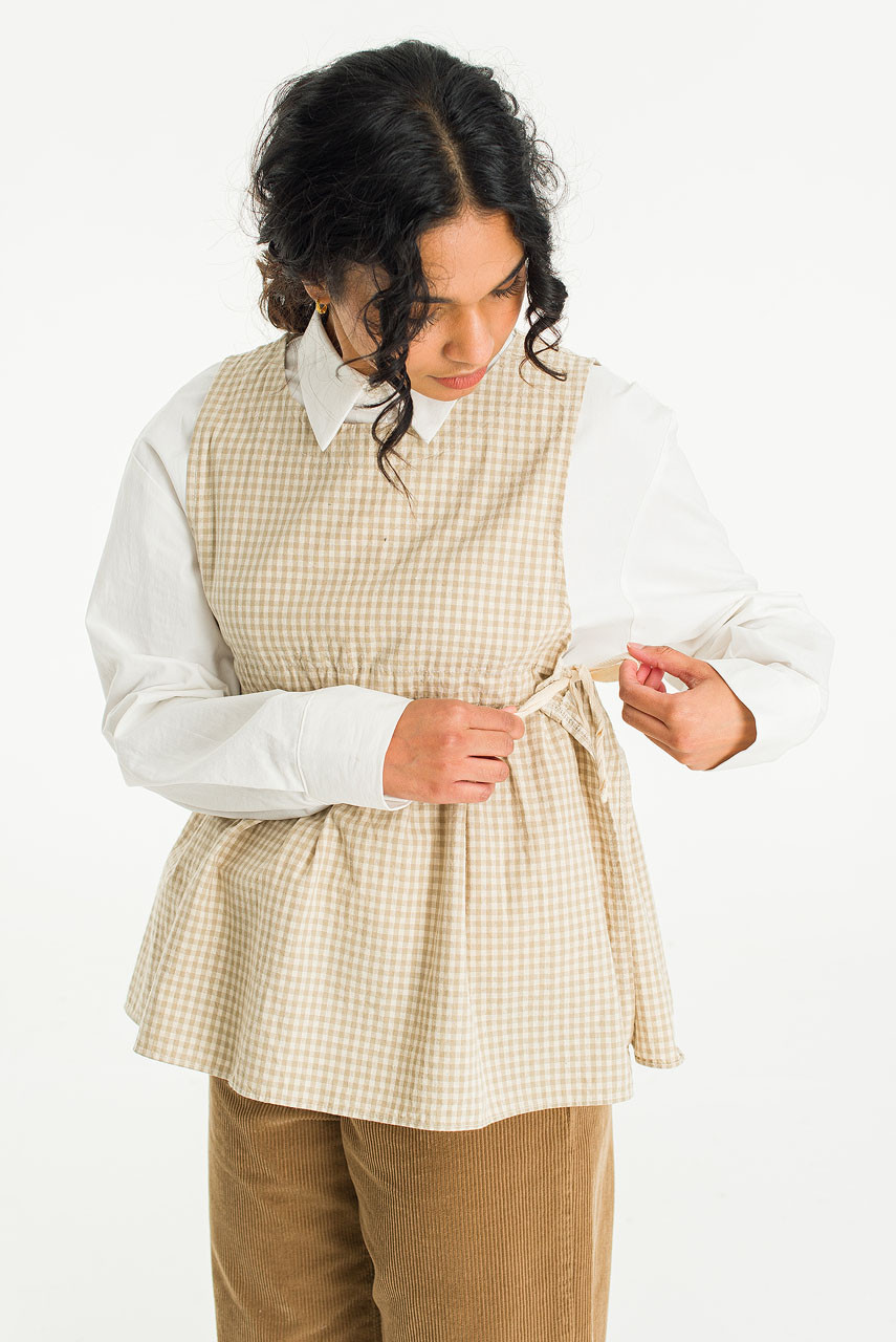 Faye Ribboned Vest, Beige Gingham