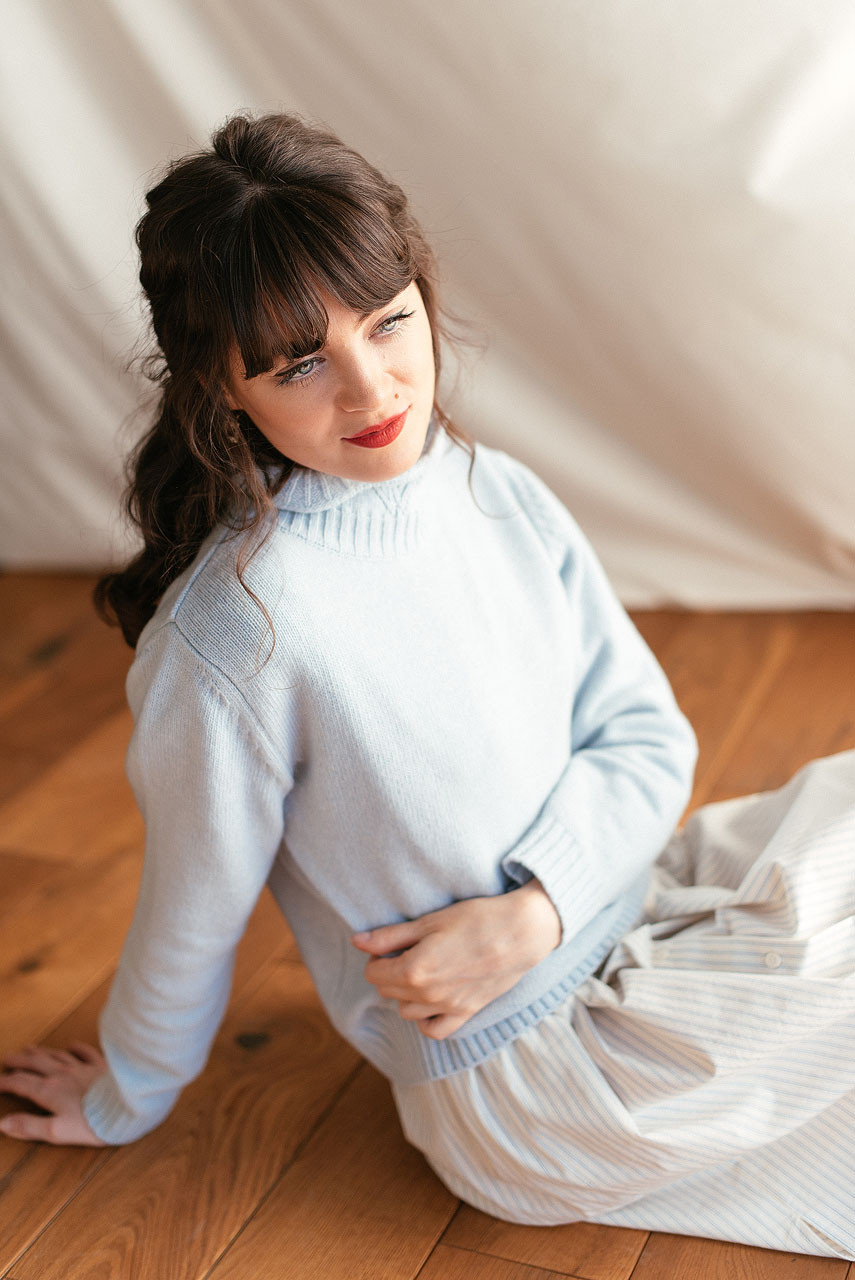 Elena Crochet Neck Jumper, Sky Blue