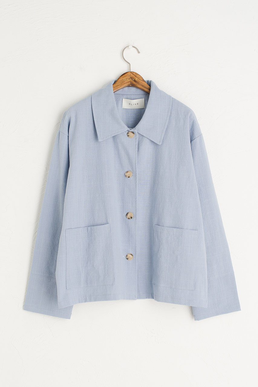 Linen Blend Simple Jacket, Sky Blue