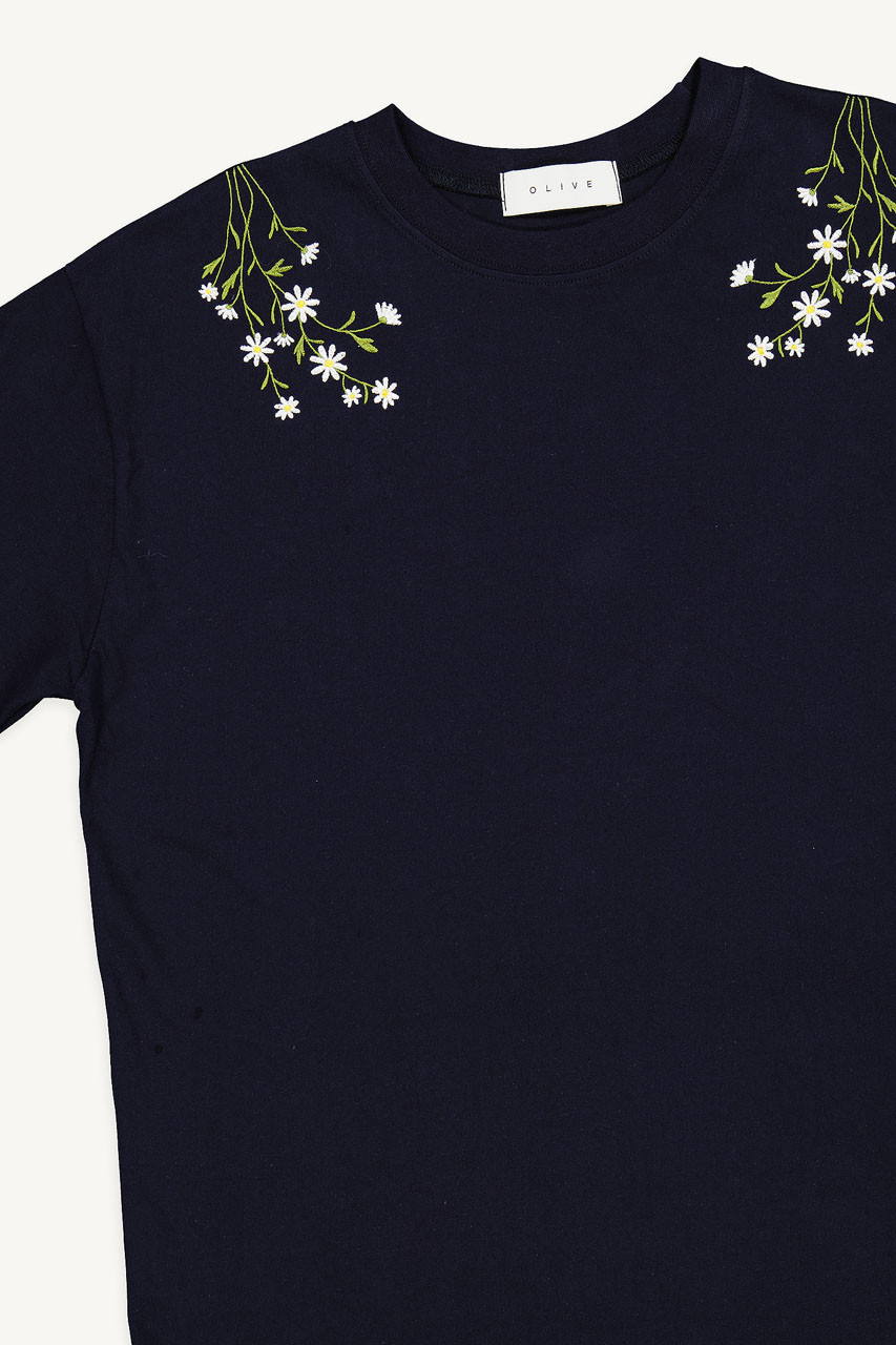 Daisy Embroidered Tee, Navy