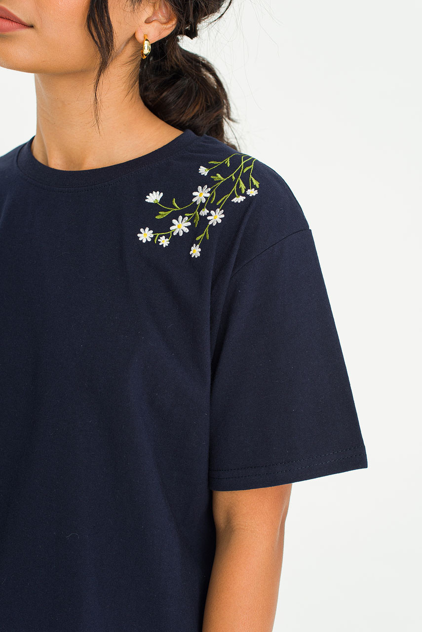 Daisy Embroidered Tee, Navy