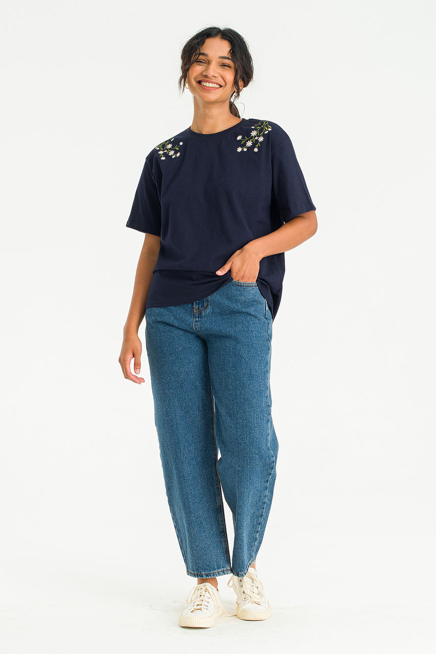 Daisy Embroidered Tee, Navy