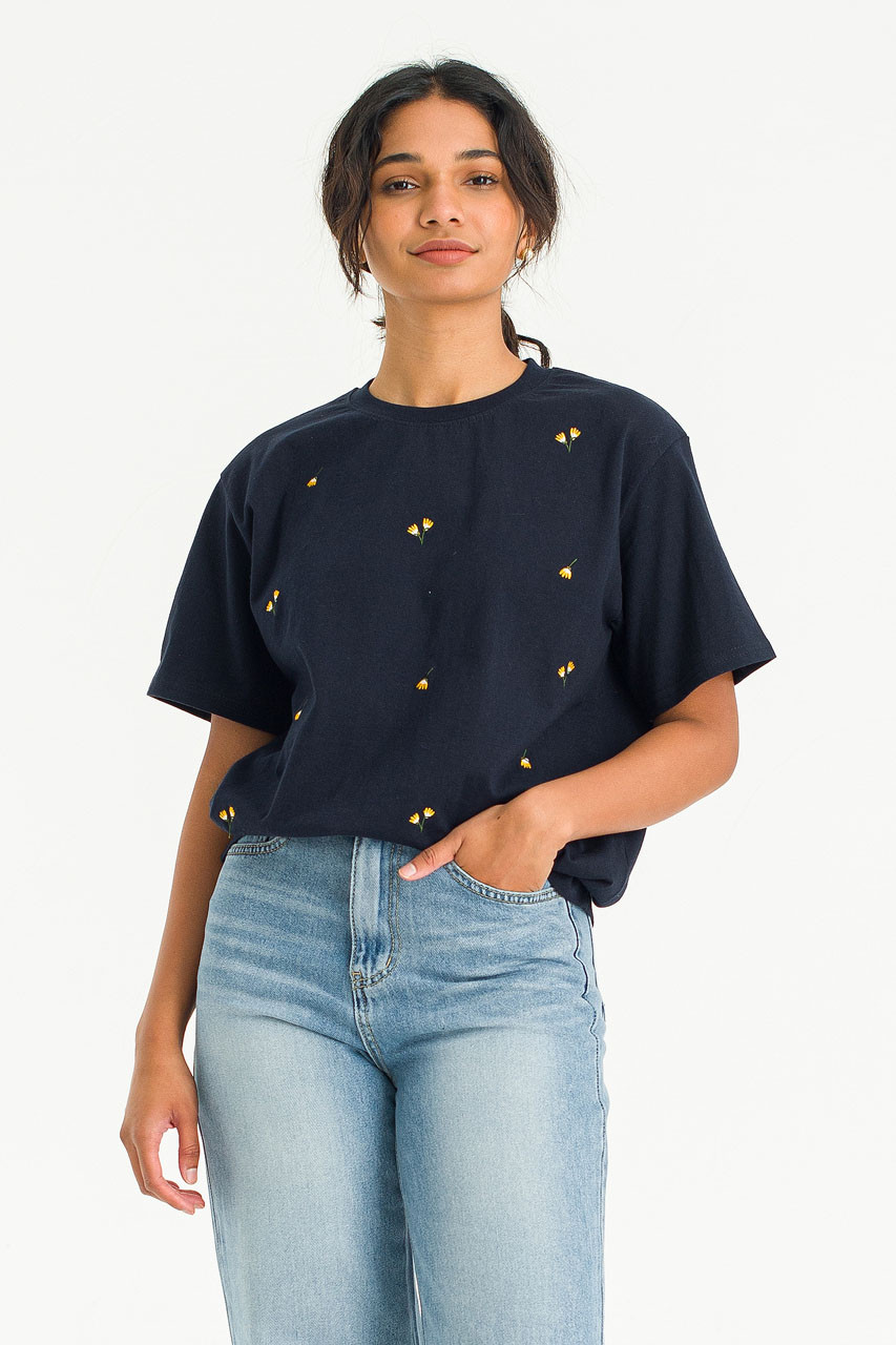 Dandelion Embroidered Tee, Navy