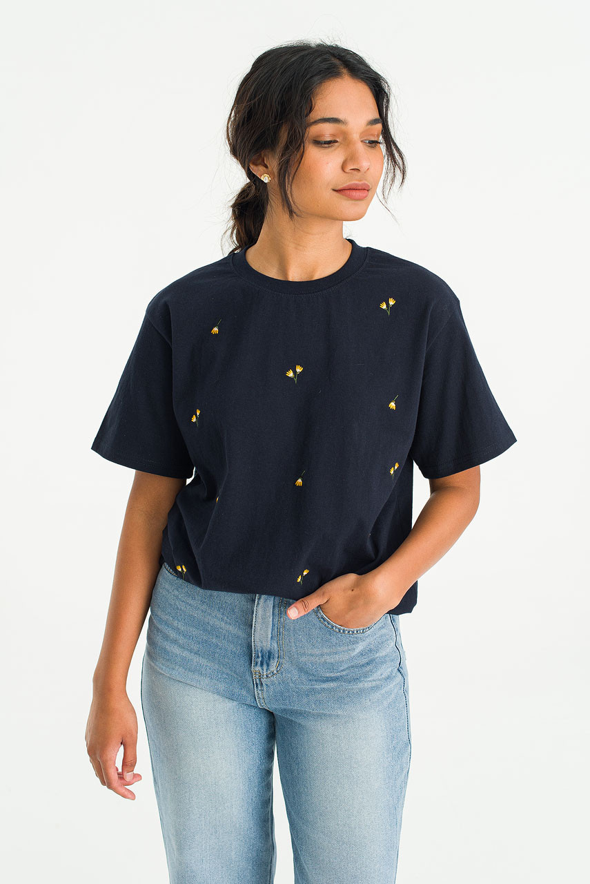 Dandelion Embroidered Tee, Navy