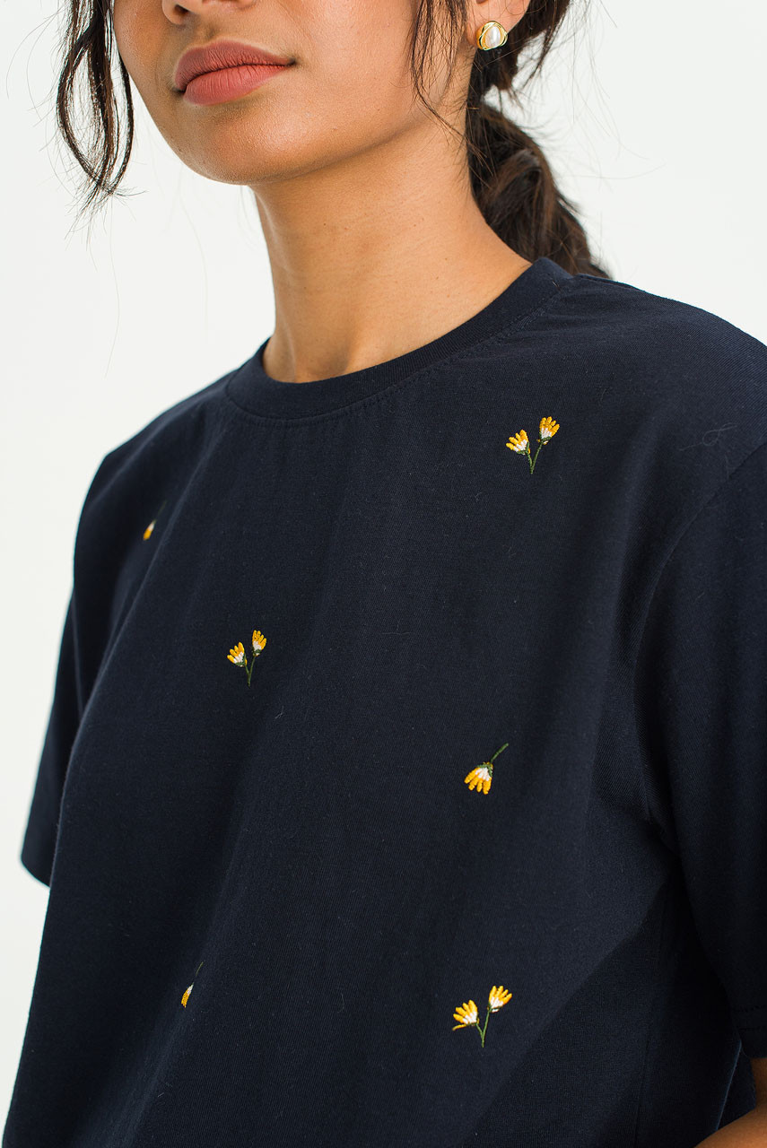 Dandelion Embroidered Tee, Navy