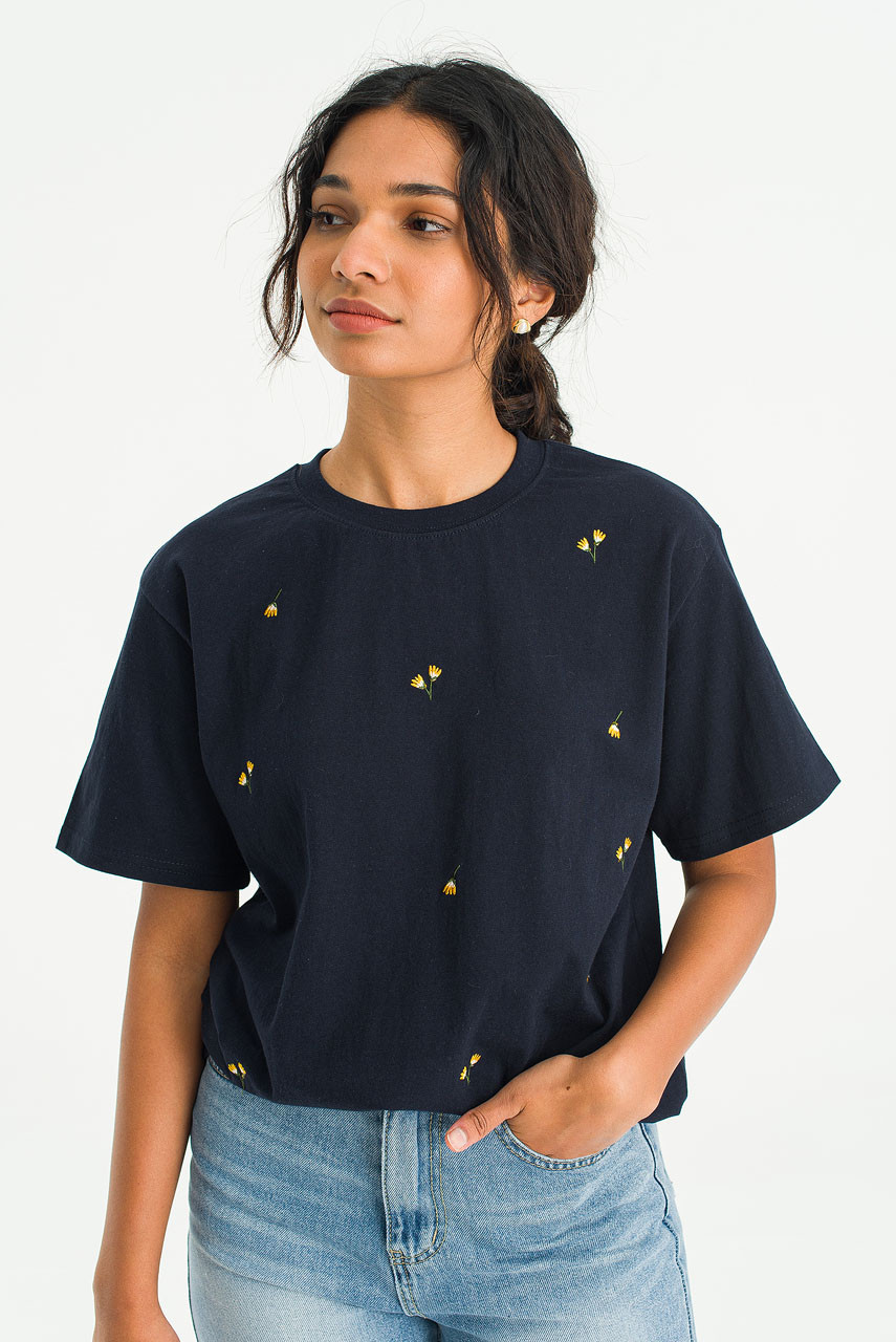 Dandelion Embroidered Tee, Navy