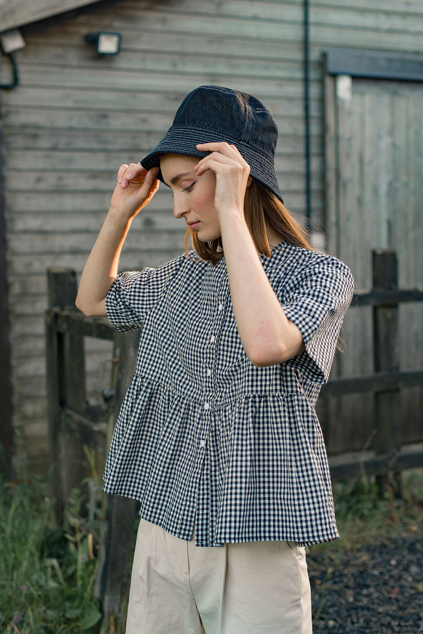 Faye Gingham Half Sleeve Blouse, Navy