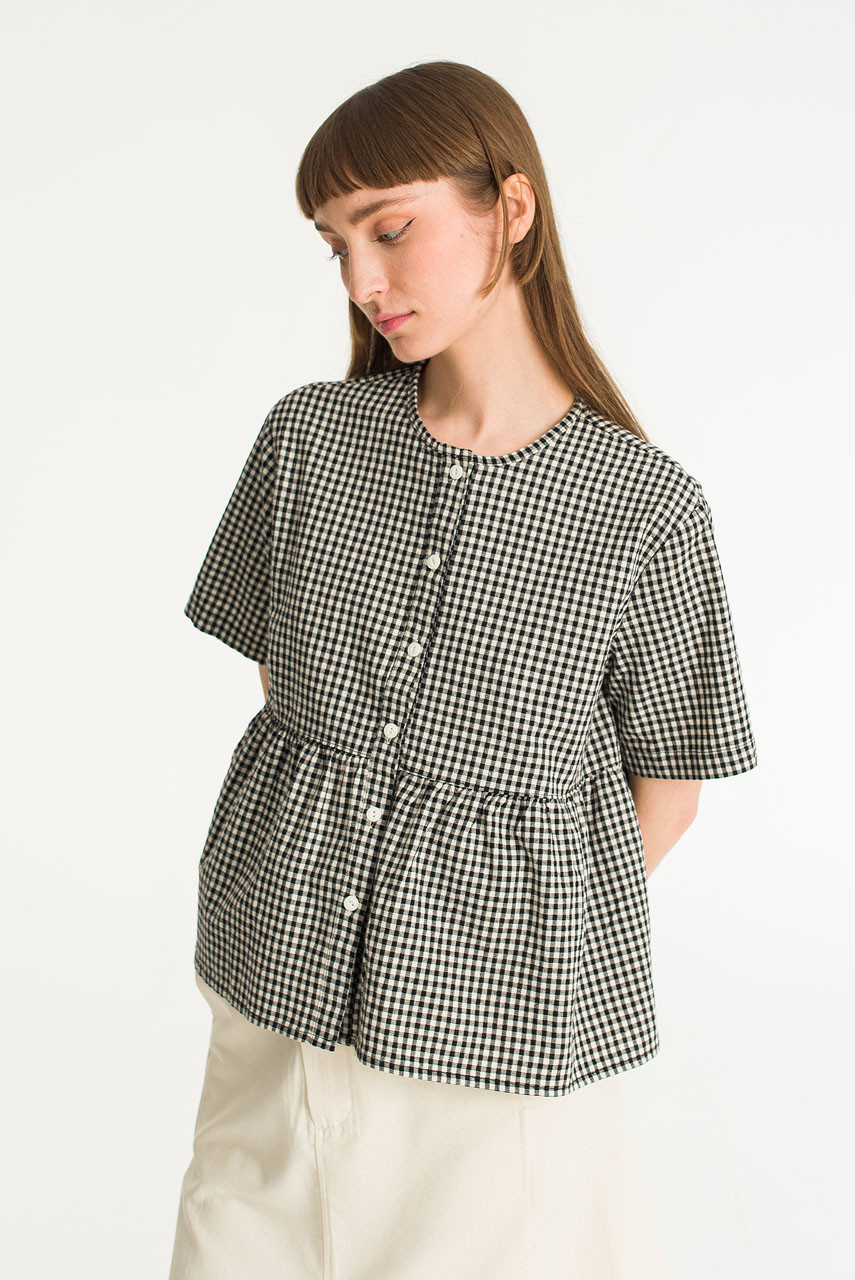 Faye Gingham Half Sleeve Blouse, Black
