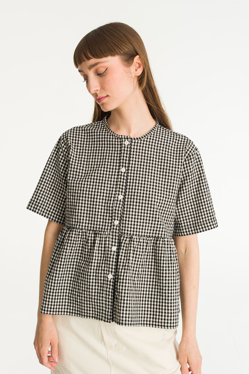 Faye Gingham Half Sleeve Blouse, Black