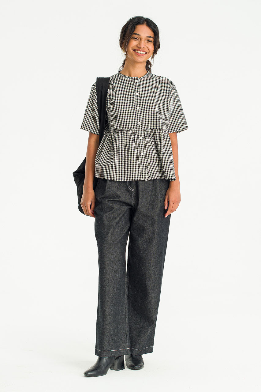 Faye Gingham Half Sleeve Blouse, Black