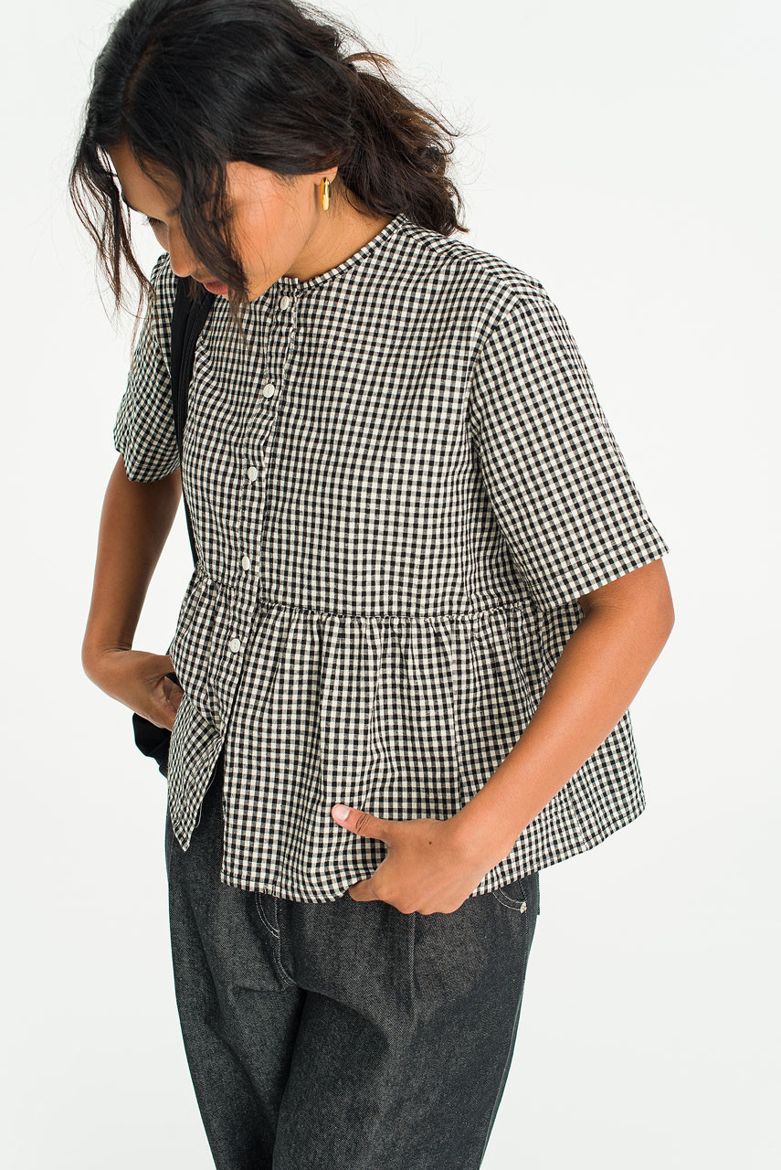Faye Gingham Half Sleeve Blouse, Black