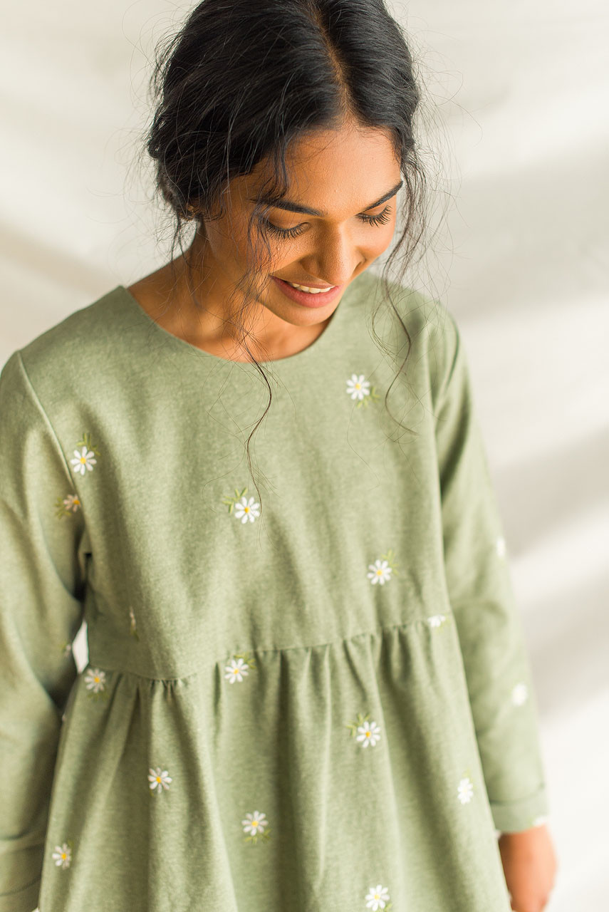 Daisy Embroidered Babydoll Dress, Khaki