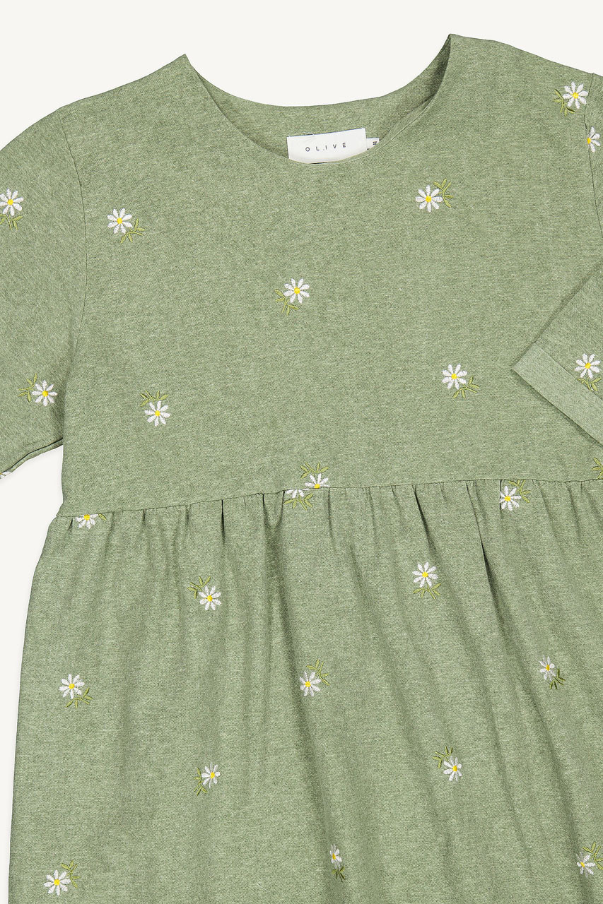 Daisy Embroidered Babydoll Dress, Khaki