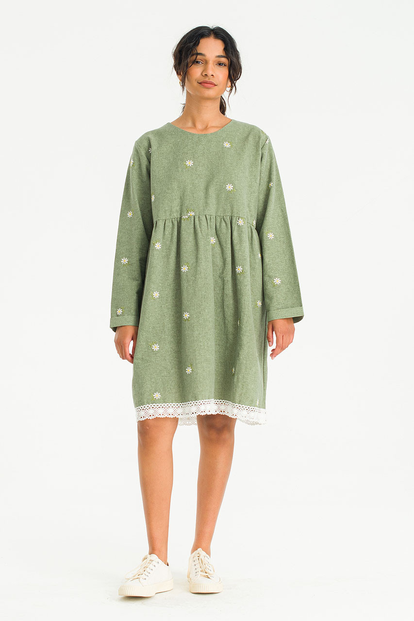 Daisy Embroidered Babydoll Dress, Khaki
