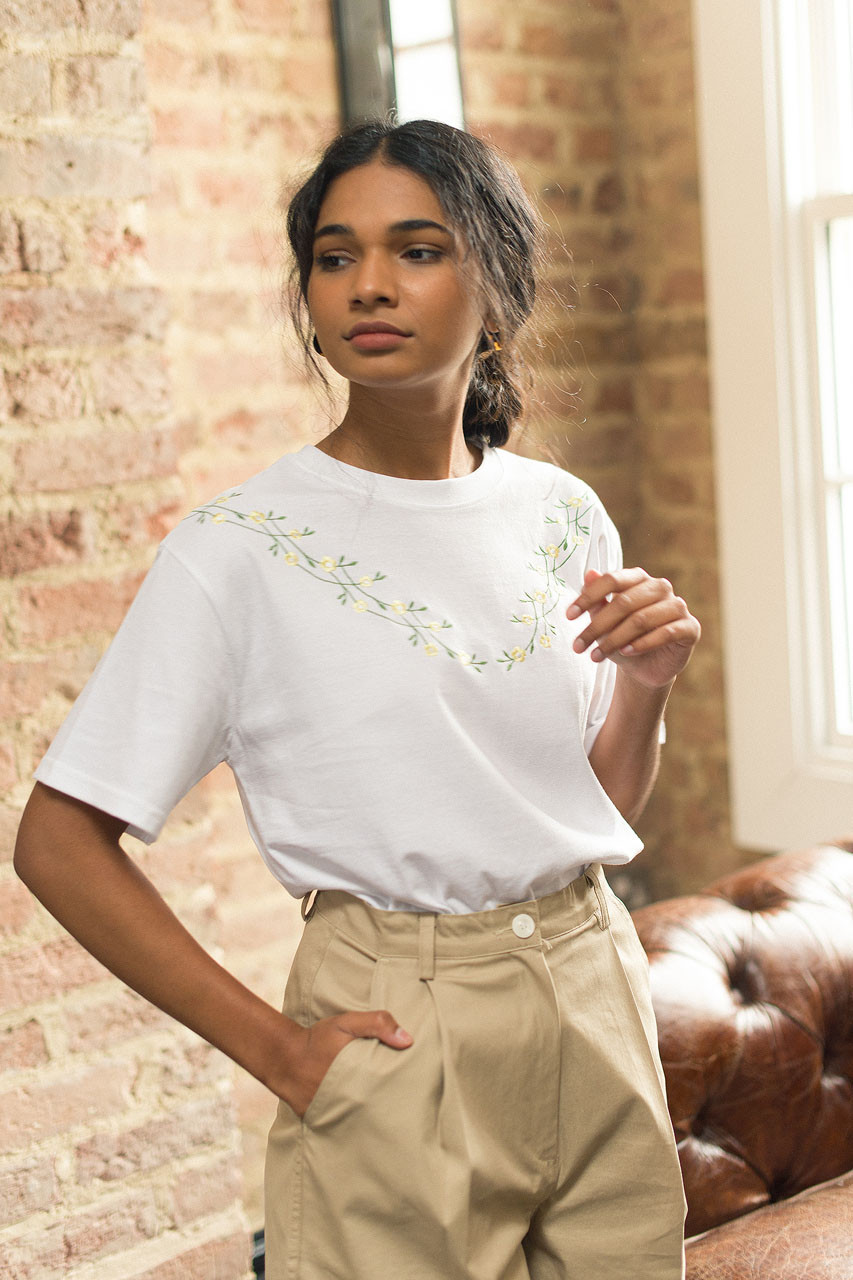 Freesia Vine Embroidery Tee, Ivory