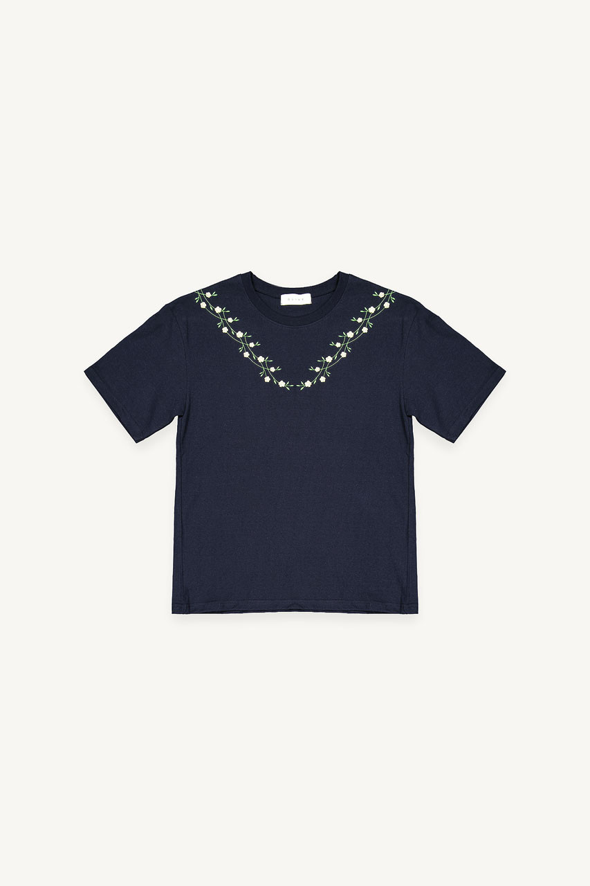 Freesia Vine Embroidery Tee, Navy