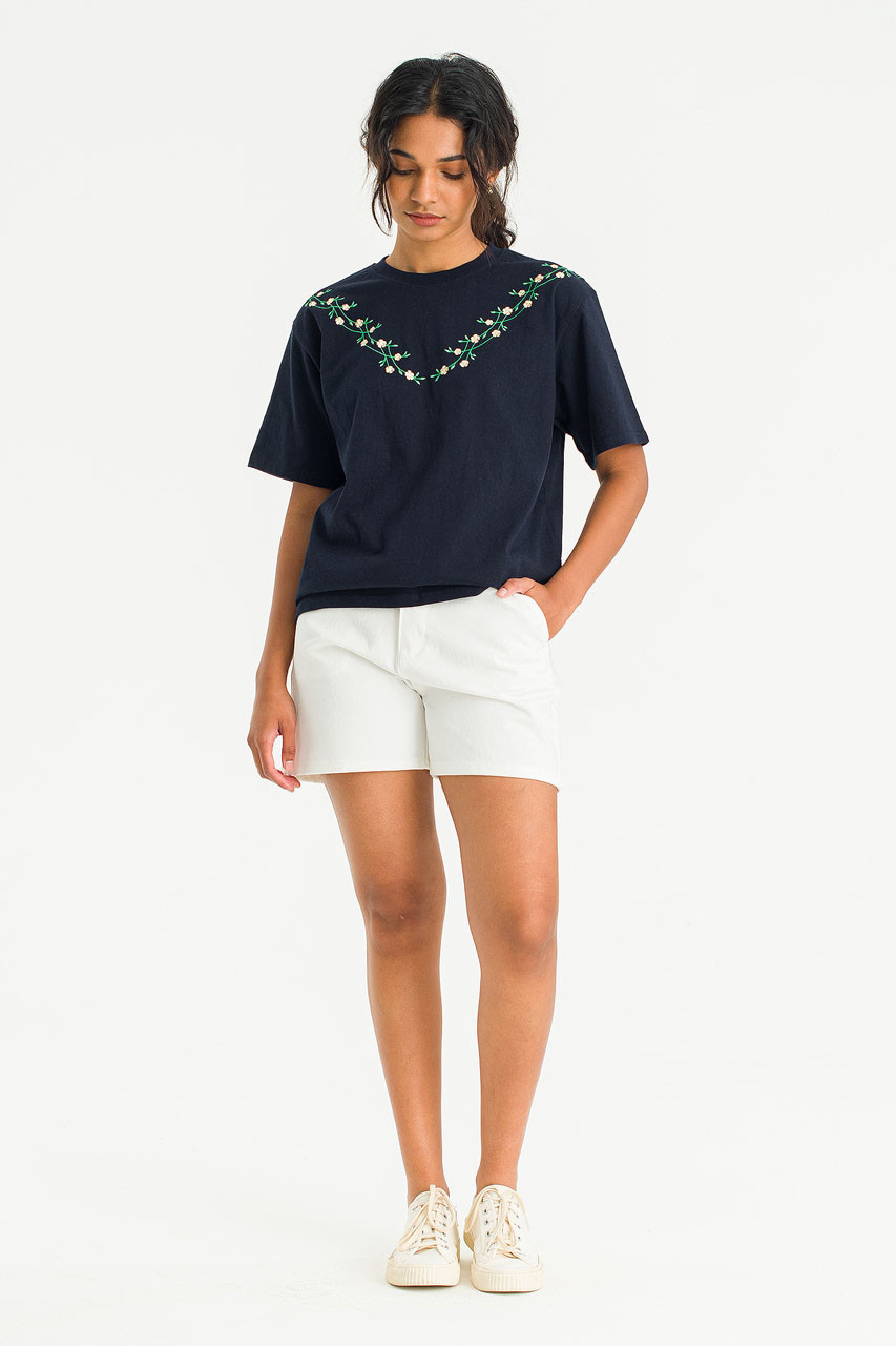 Freesia Vine Embroidery Tee, Navy