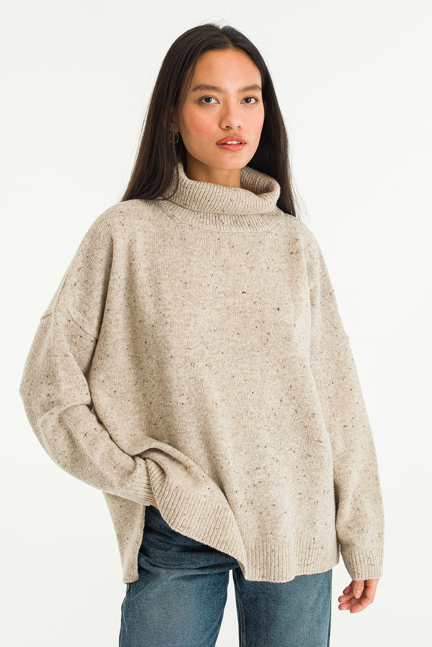 Oversize Boucle Roll Neck Jumper, Pebble