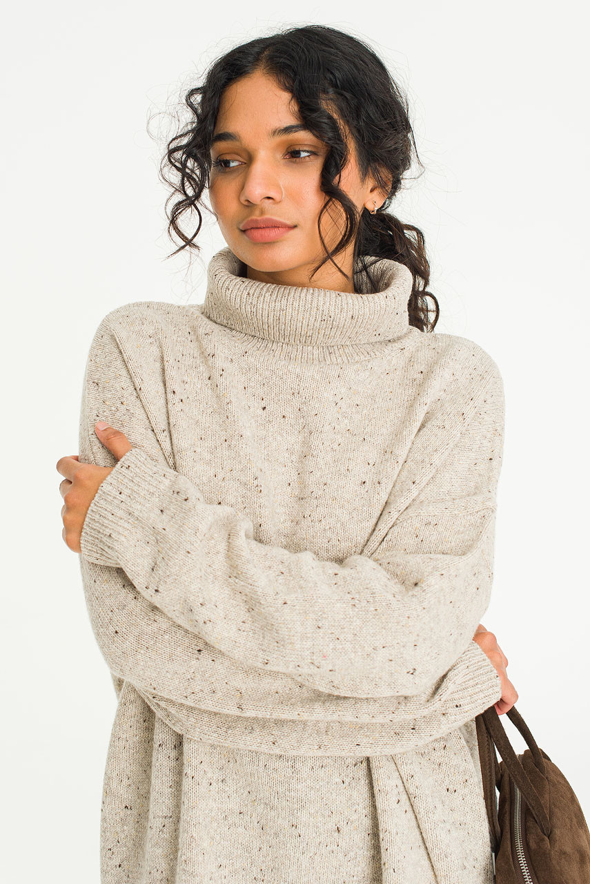Oversize Boucle Roll Neck Jumper, Pebble
