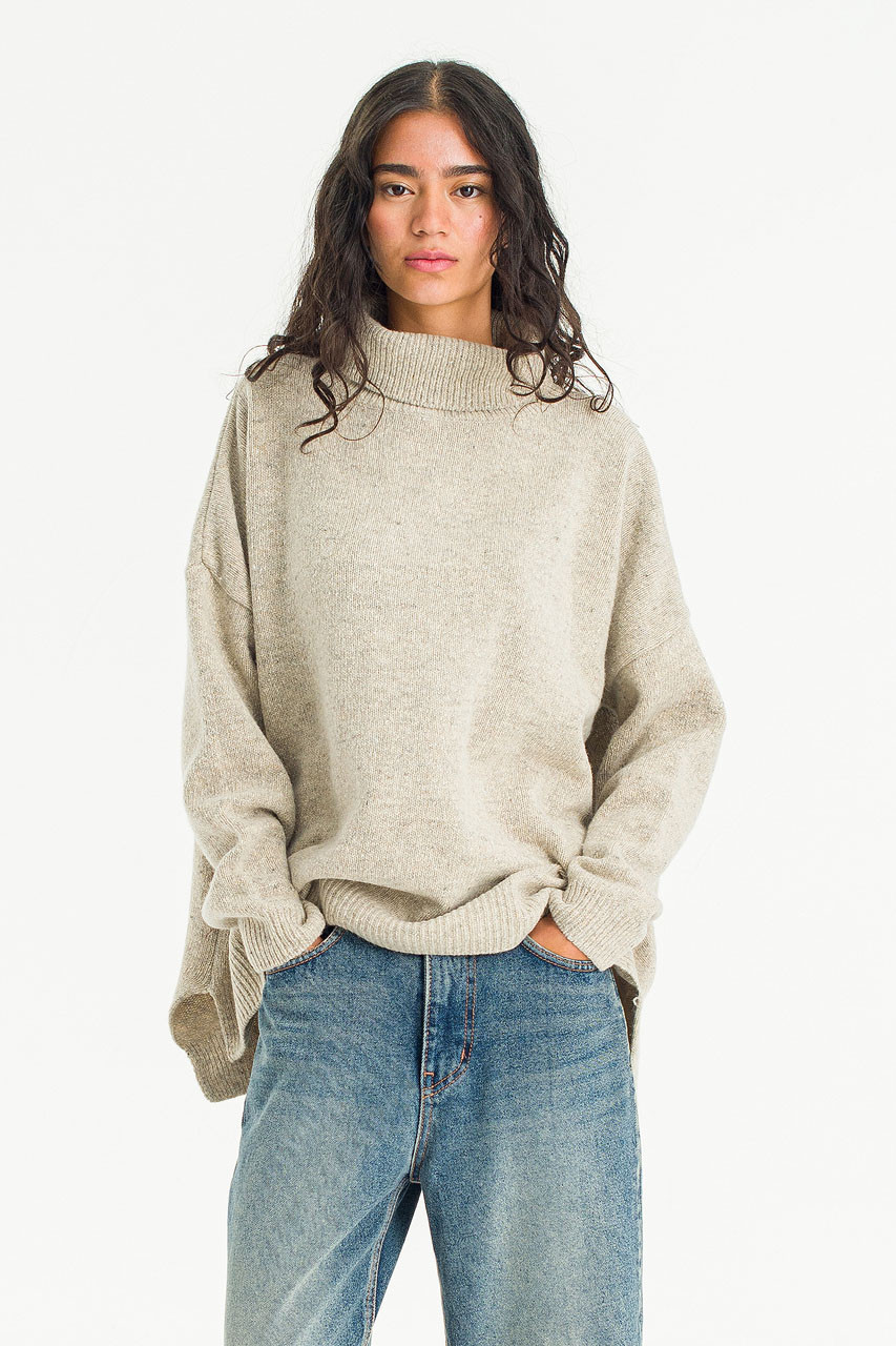 Oversize Boucle Roll Neck Jumper, Pebble