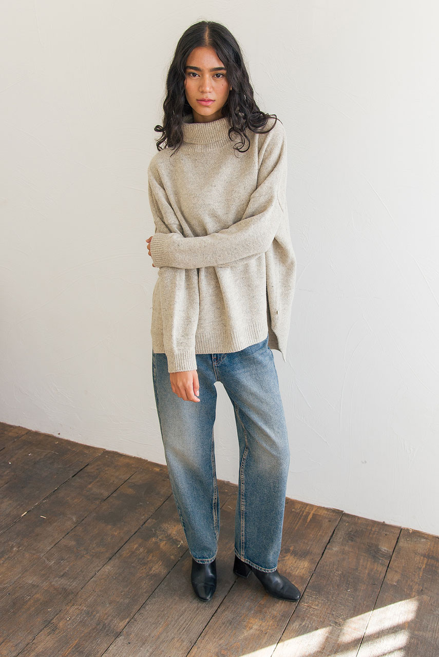 Oversize Boucle Roll Neck Jumper, Pebble