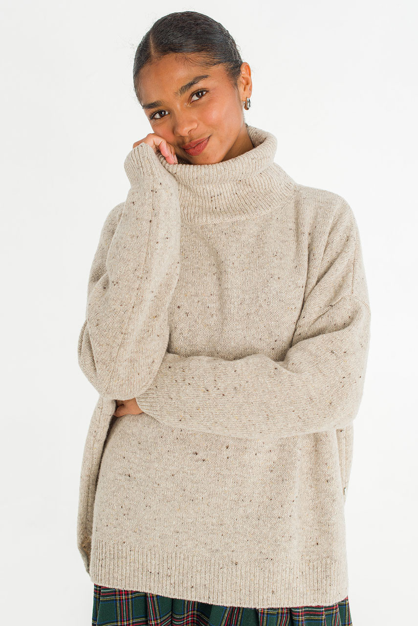 Oversize Boucle Roll Neck Jumper, Pebble