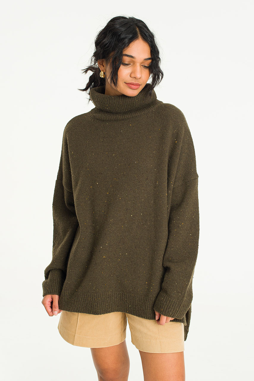 Oversize Boucle Roll Neck Jumper, Moss