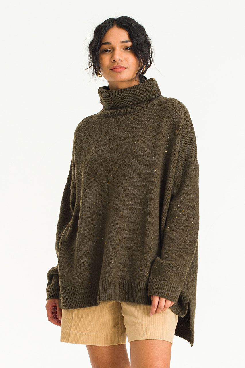 Oversize Boucle Roll Neck Jumper, Moss