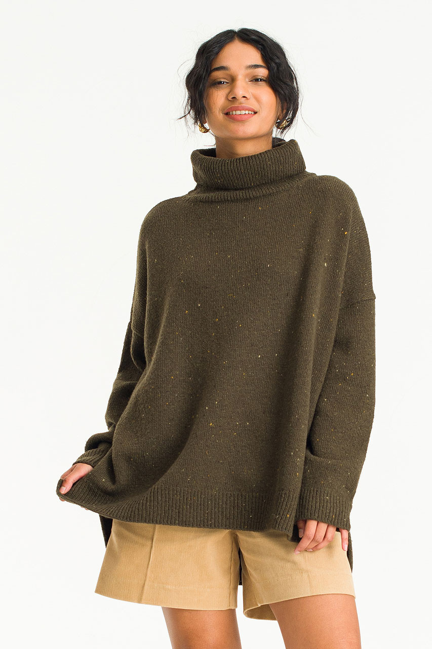 Oversize Boucle Roll Neck Jumper, Moss