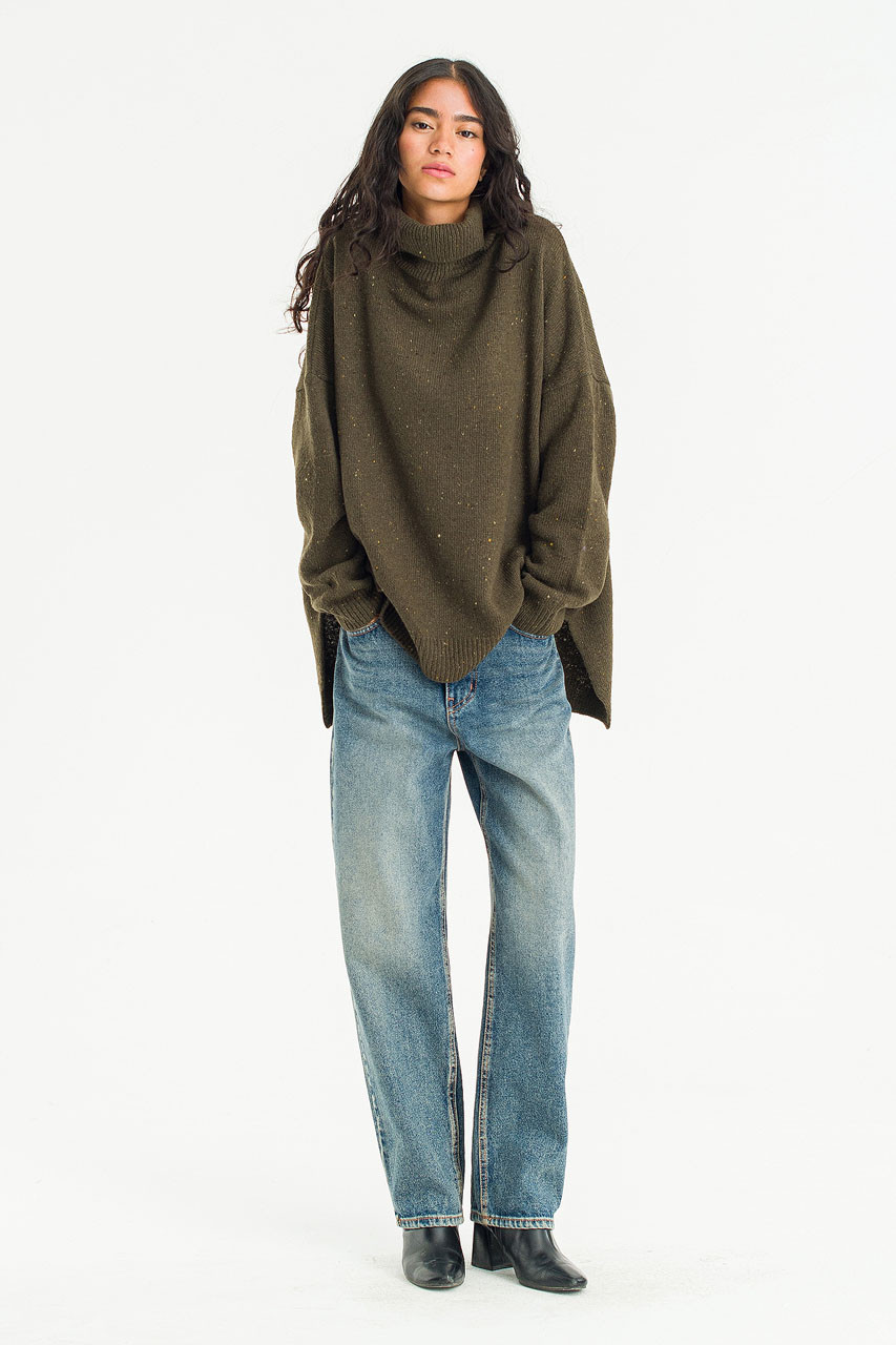 Oversize Boucle Roll Neck Jumper, Moss