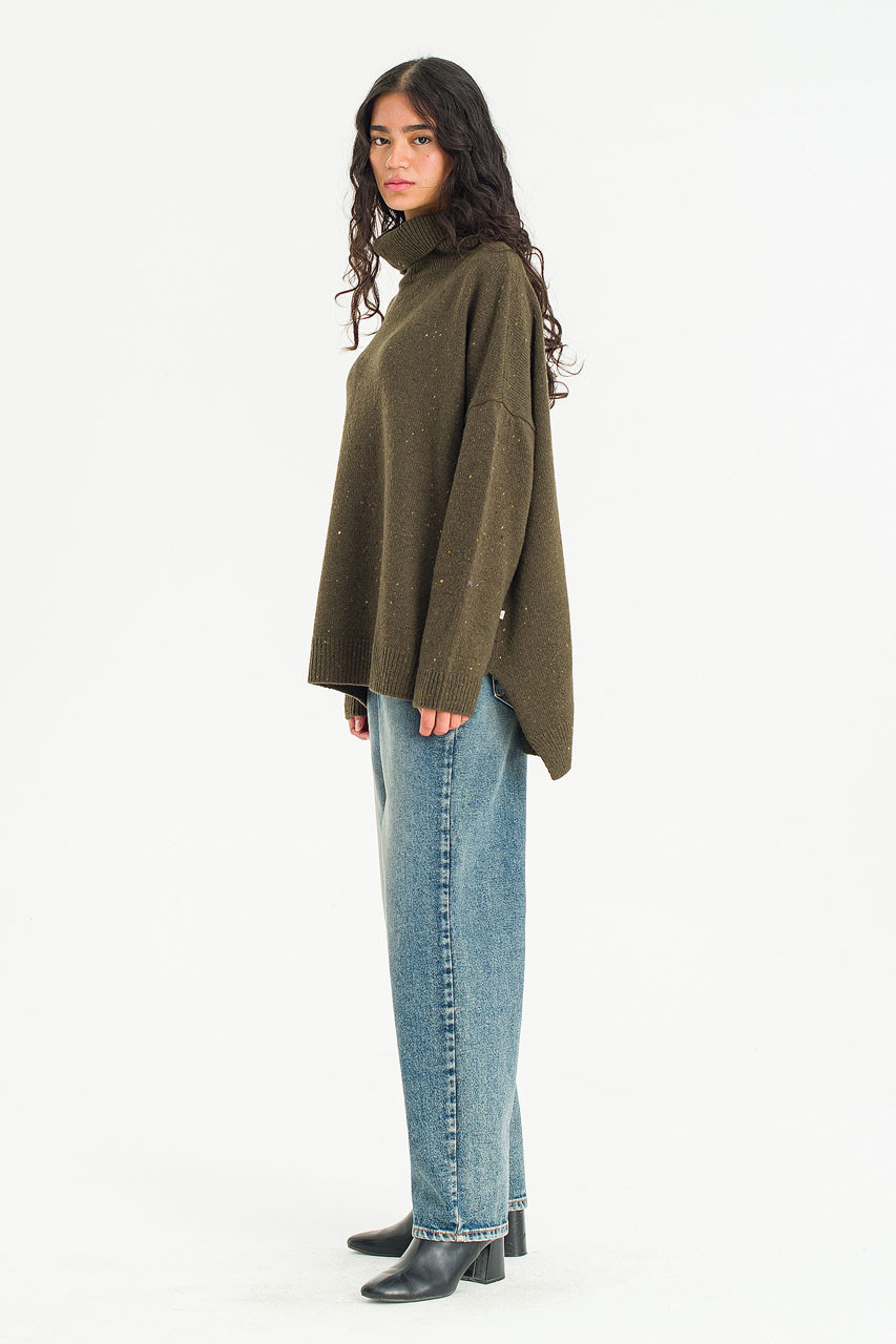 Oversize Boucle Roll Neck Jumper, Moss