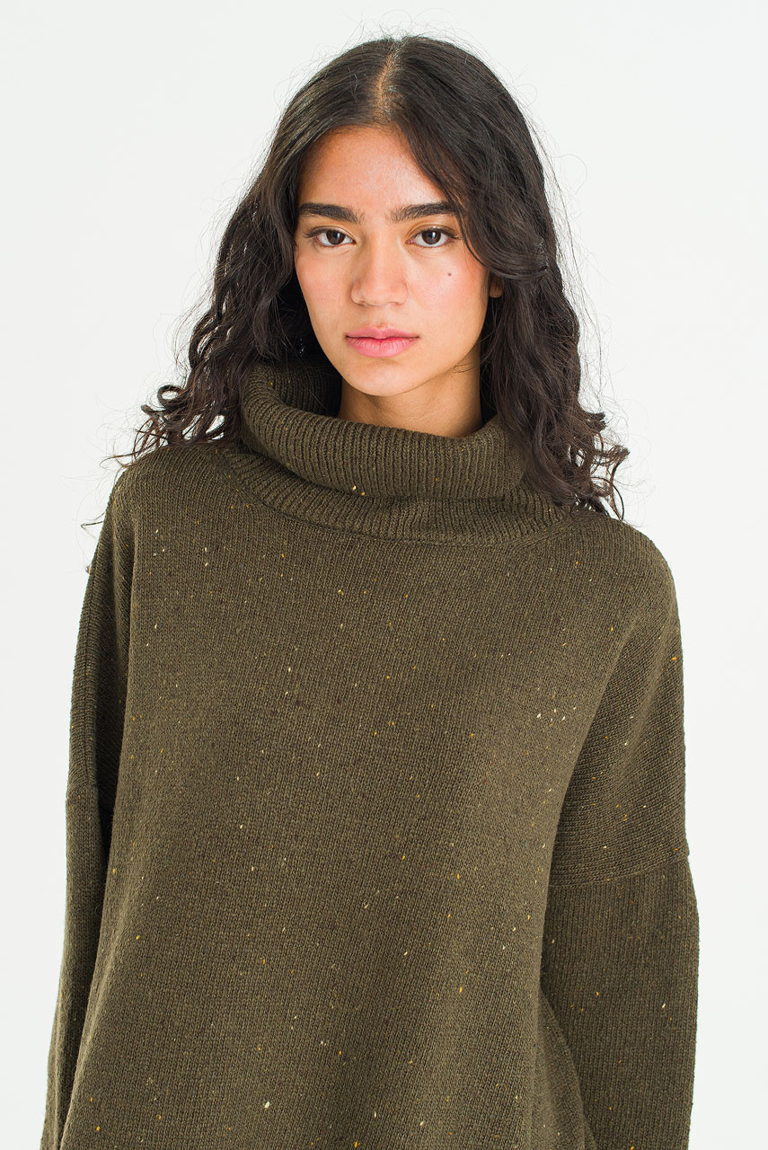 Oversize Boucle Roll Neck Jumper, Moss
